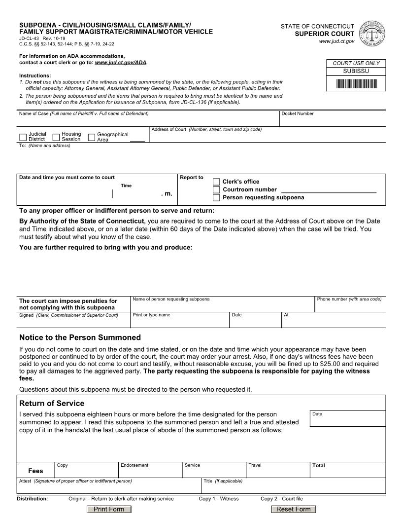 Subpoena Civil {JD-CL-43} | Pdf Fpdf Doc Docx | Connecticut