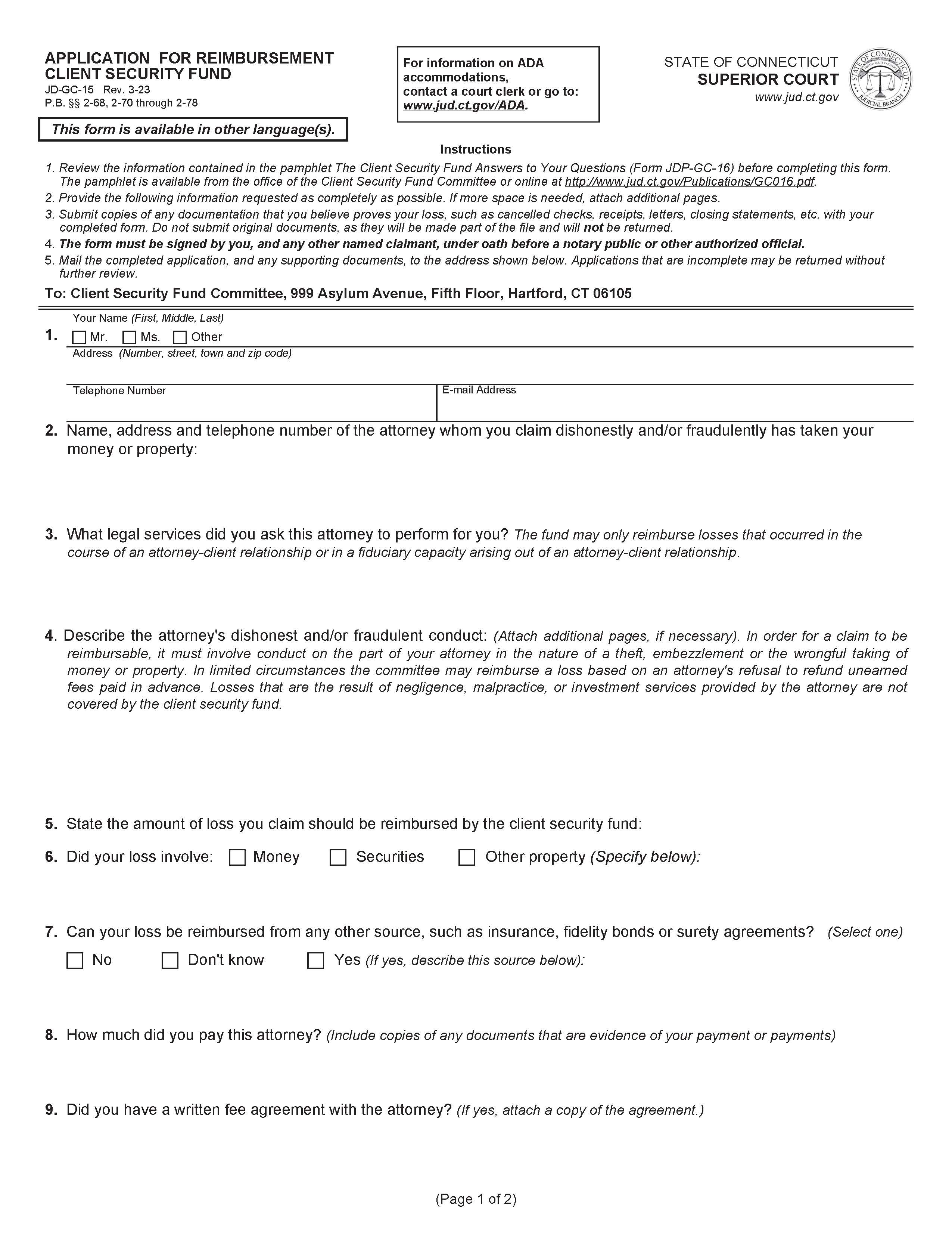 Application For Reimbursement Client Security Fund {JD-GC-15} | Pdf Fpdf Doc Docx | Connecticut