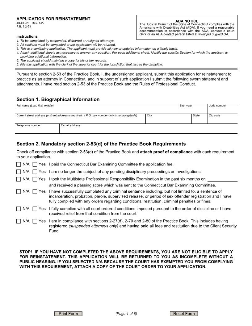 Application For Reinstatement {JD-GC-23} | Pdf Fpdf Docx | Connecticut