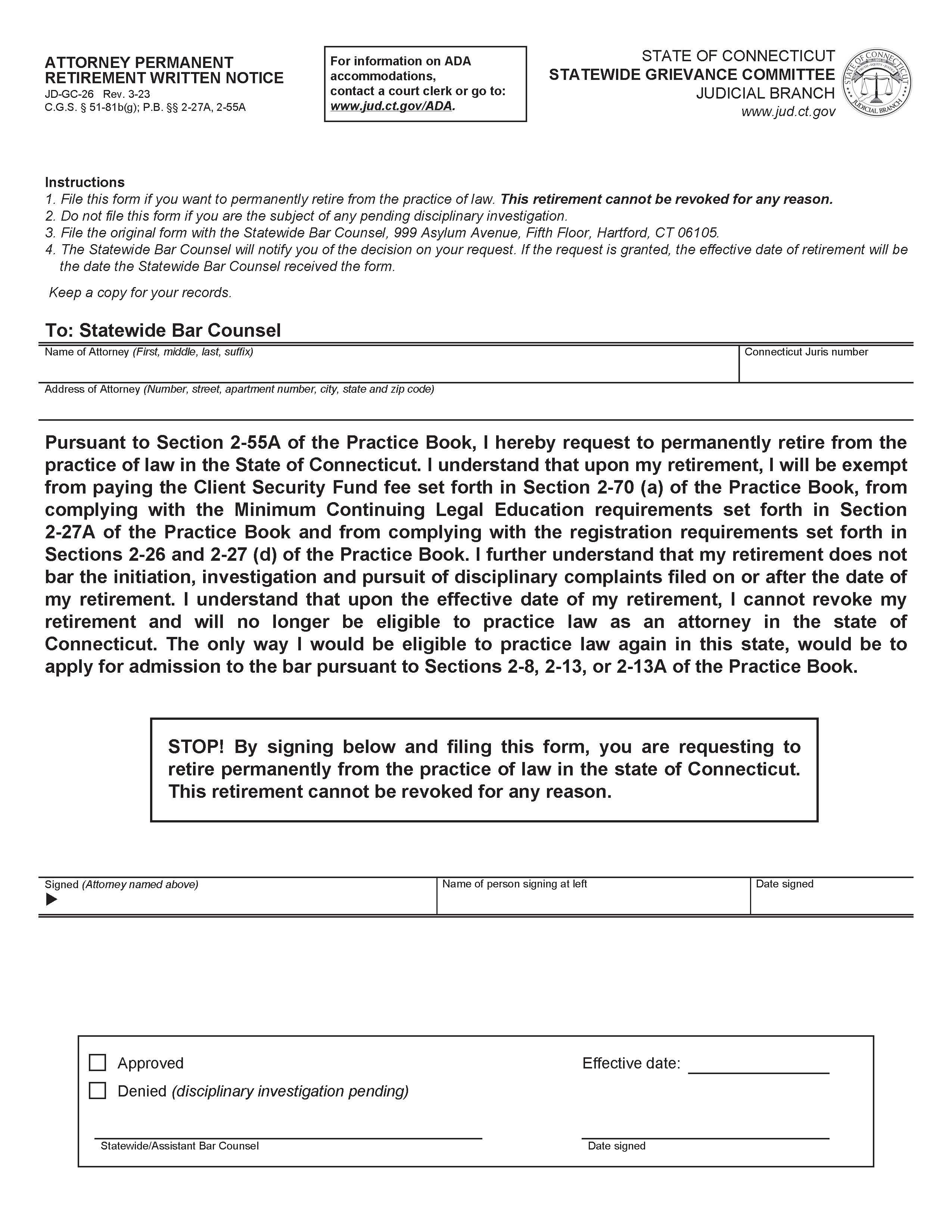 Attorney Permanent Retirement Written Notice {JD-GC-26} | Pdf Fpdf Docx | Connecticut