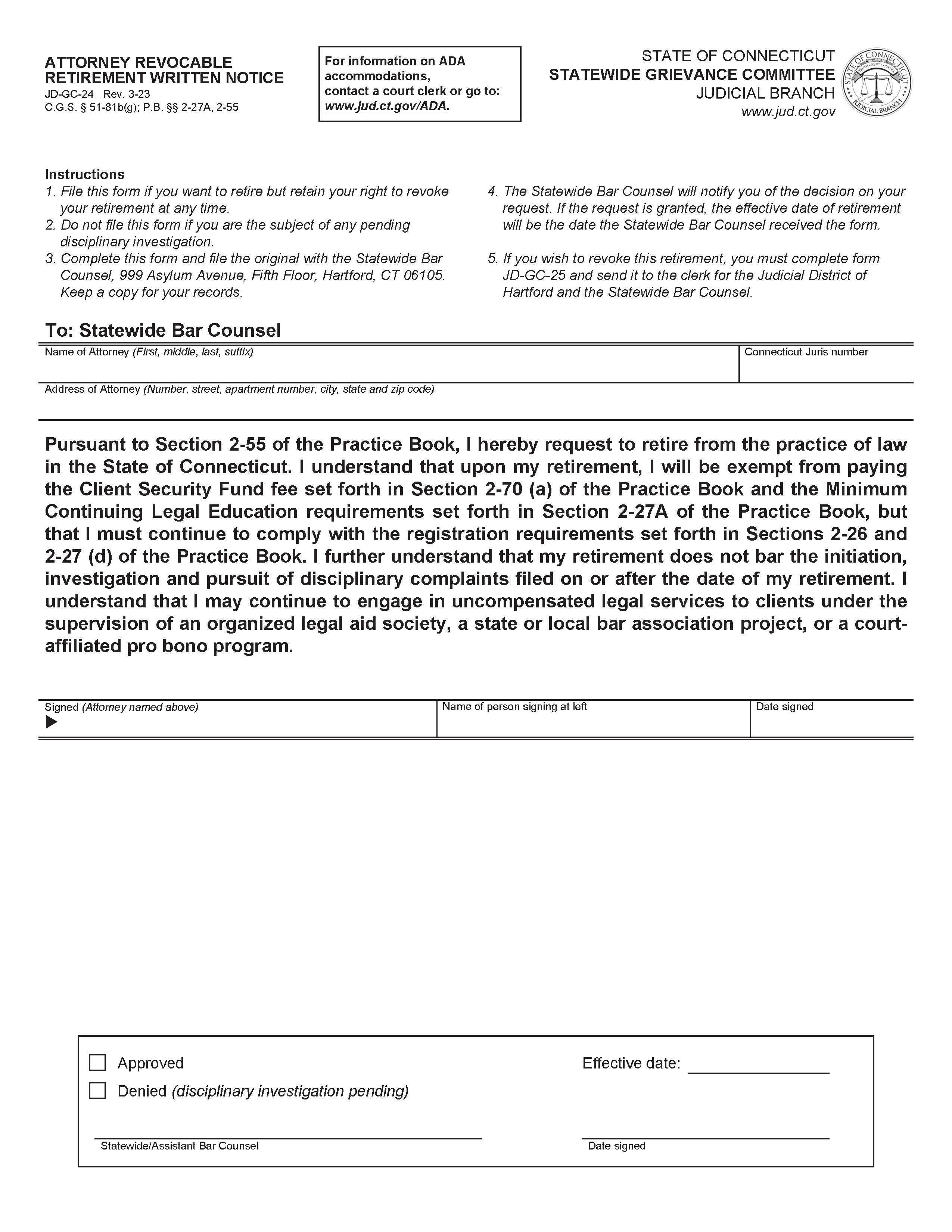 Attorney Revocable Retirement Written Notice {JD-GC-24} | Pdf Fpdf Docx | Connecticut