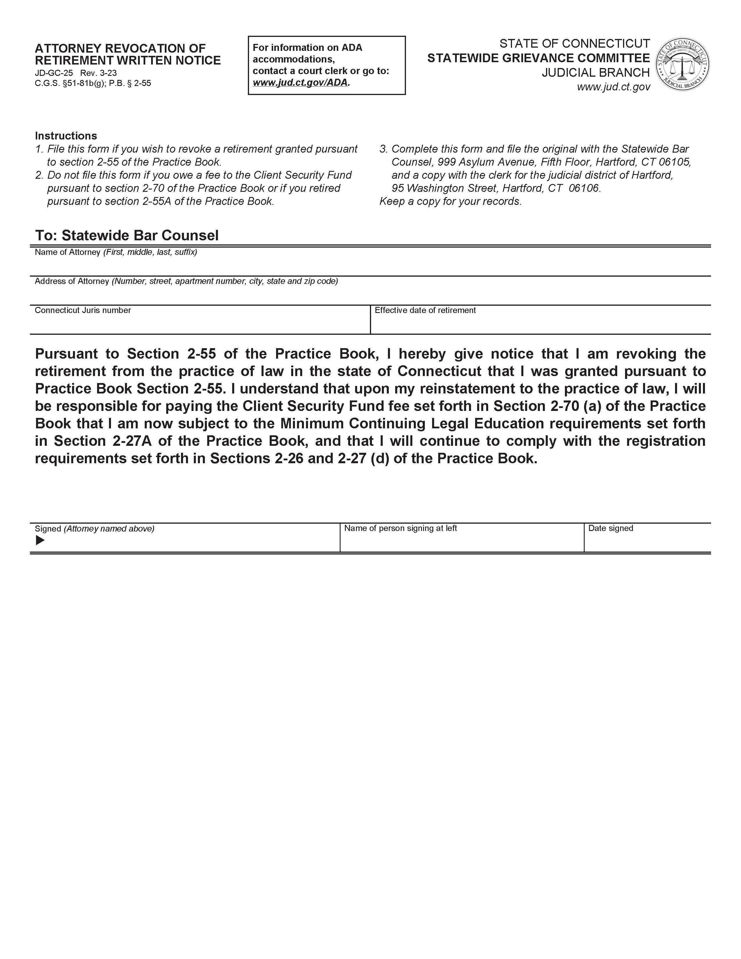 Attorney Revocation Of Retirement Written Notice {JD-GC-25} | Pdf Fpdf Docx | Connecticut