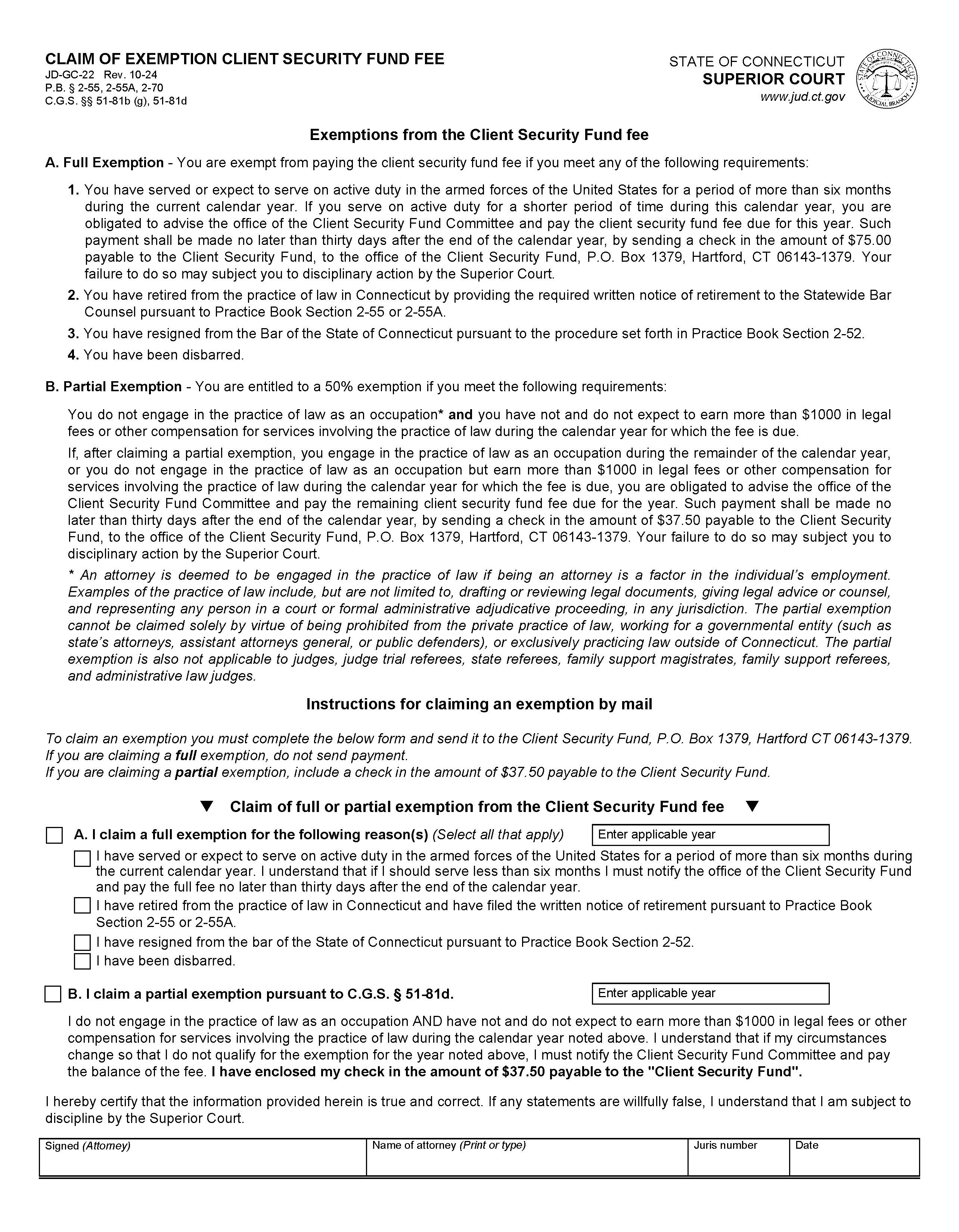 Claim Of Exemption Client Security Fund Fee { JD-GC-22} | Pdf Fpdf Doc Docx | Connecticut
