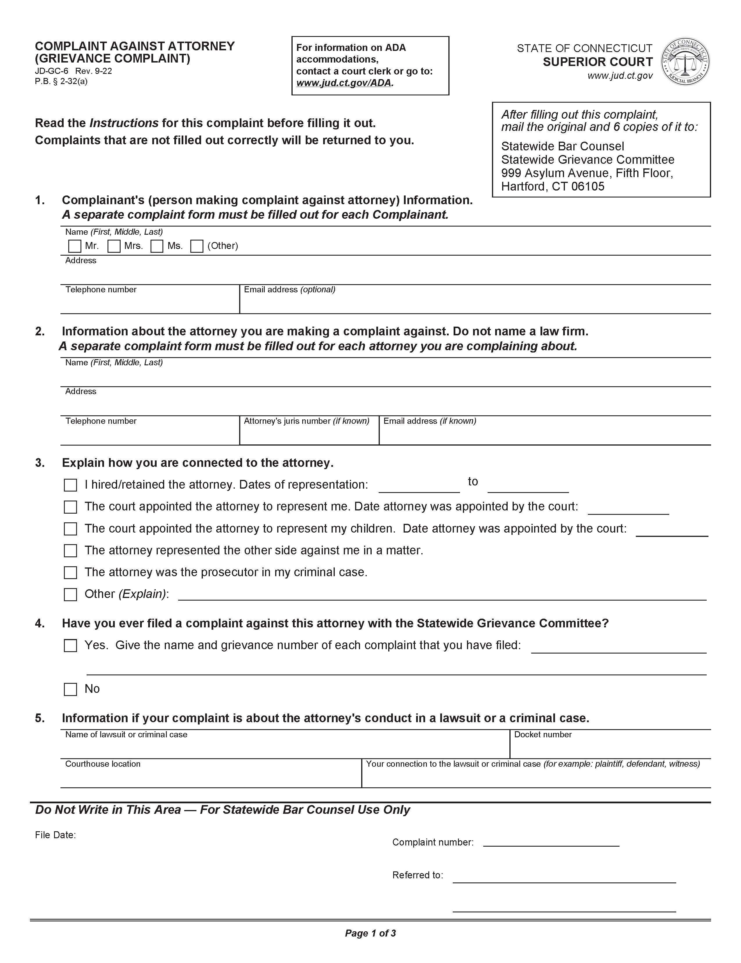 Complaint Against Attorney {JD-GC-6} | Pdf Fpdf Doc Docx | Connecticut