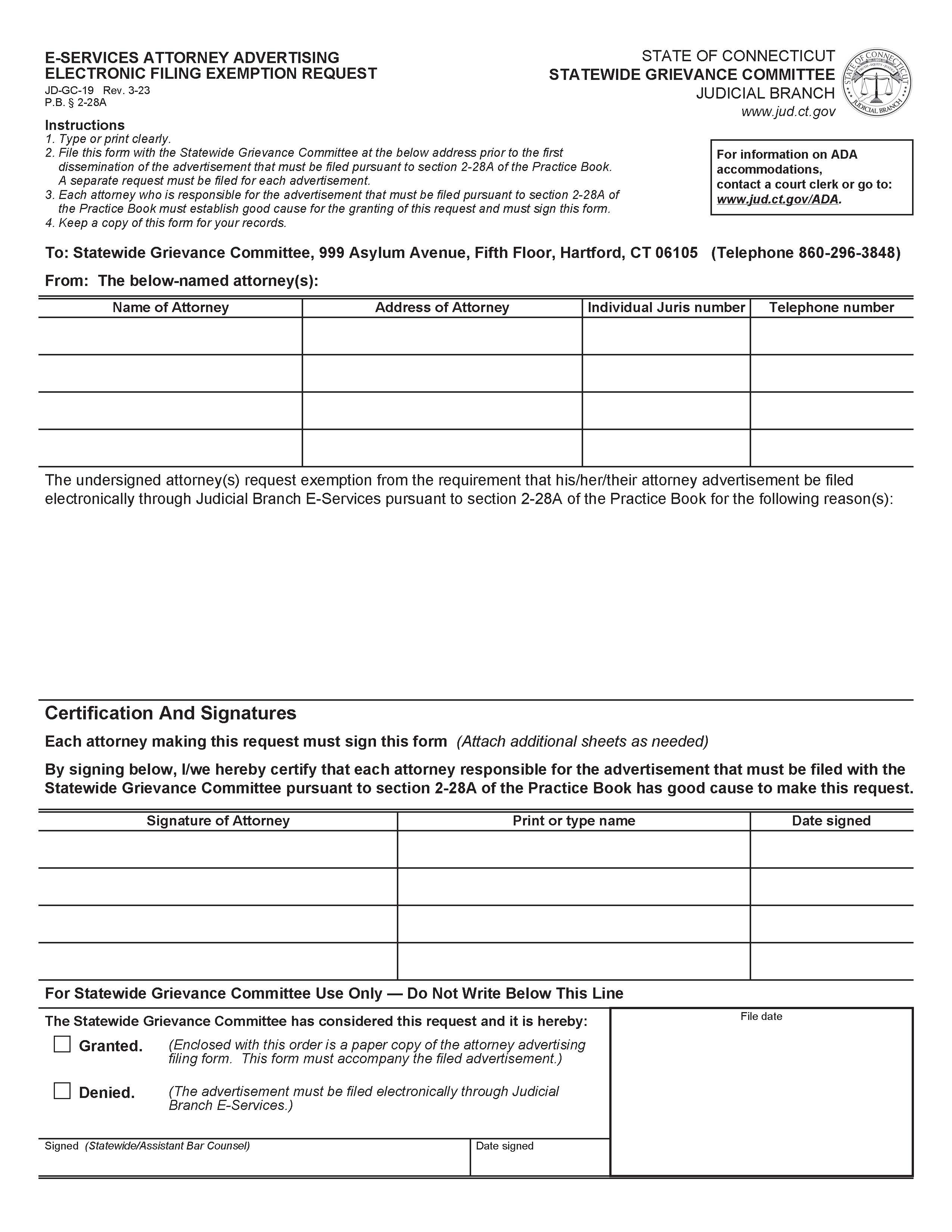 EService Attorney Advertising Electronic Filing Exemption Request {JD-GC-19} | Pdf Fpdf Docx | Connecticut