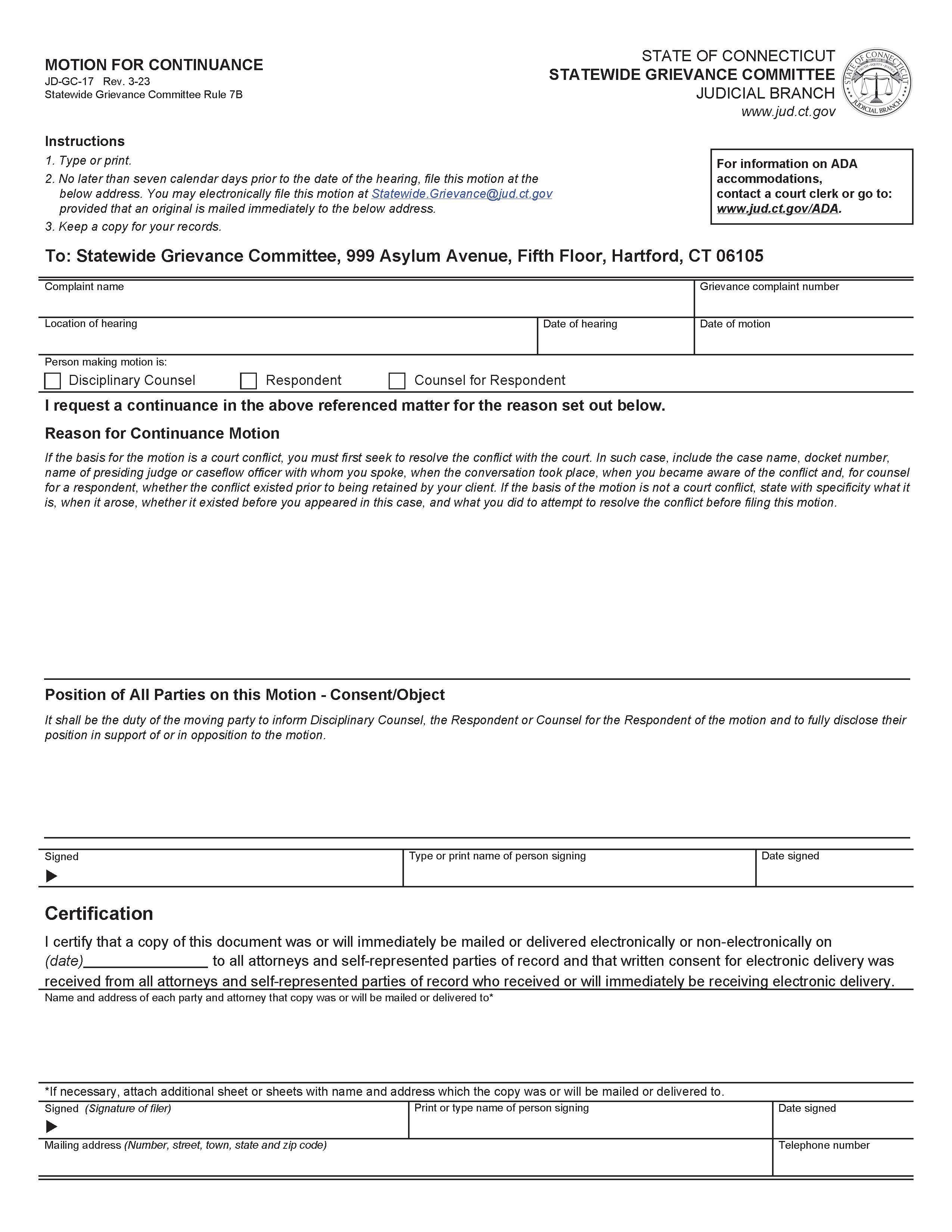Motion For Continuance {JD-GC-17} | Pdf Fpdf Docx | Connecticut