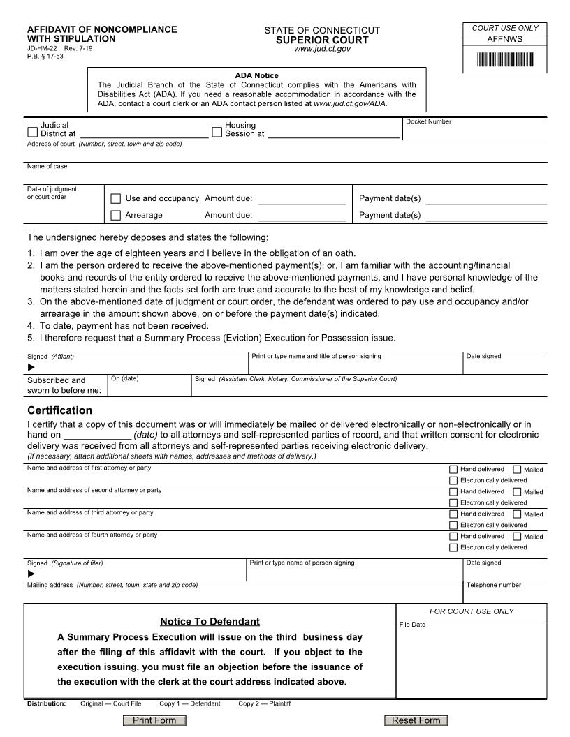 Affidavit Re Noncompliance With Stipulation {JD-HM-22} | Pdf Fpdf Docx | Connecticut