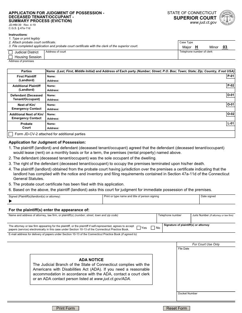 Application For Judgment Of Possession Deceased Tenant {JD-HM-39} | Pdf Fpdf Docx | Connecticut