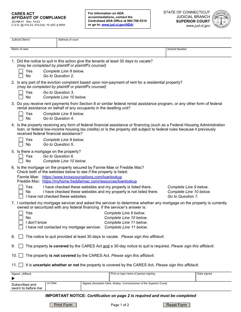 CARES Act Affidavit Of Compliance {JD-HM-41} | Pdf Fpdf Docx | Connecticut