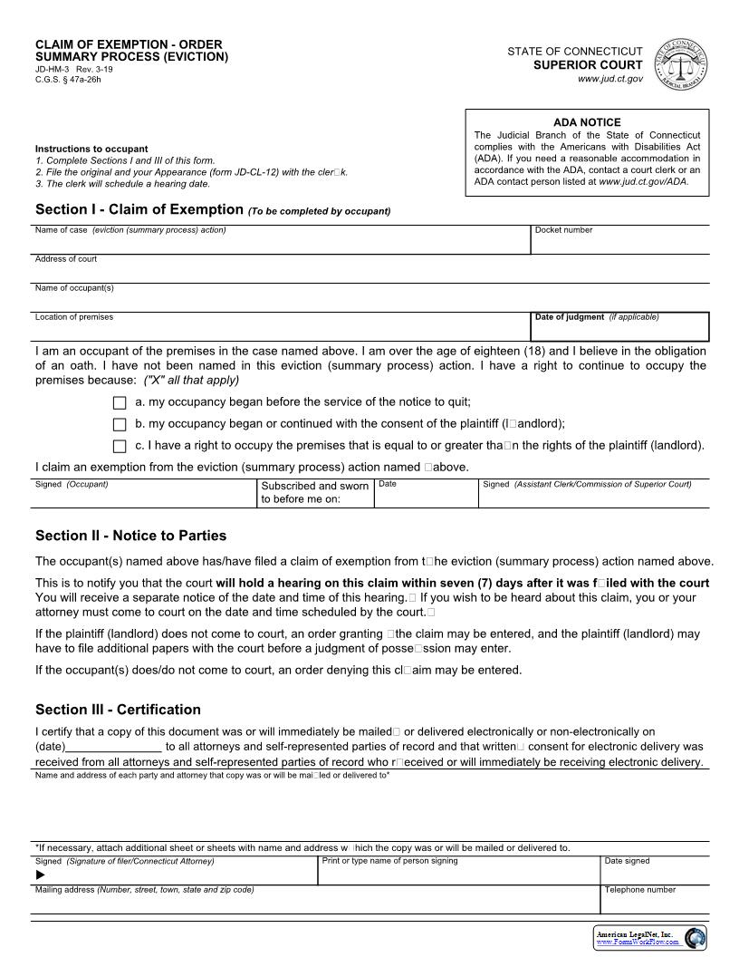 Claim For Exemption Summary Process (Eviction) {JD-HM-3} | Pdf Fpdf Docx | Connecticut