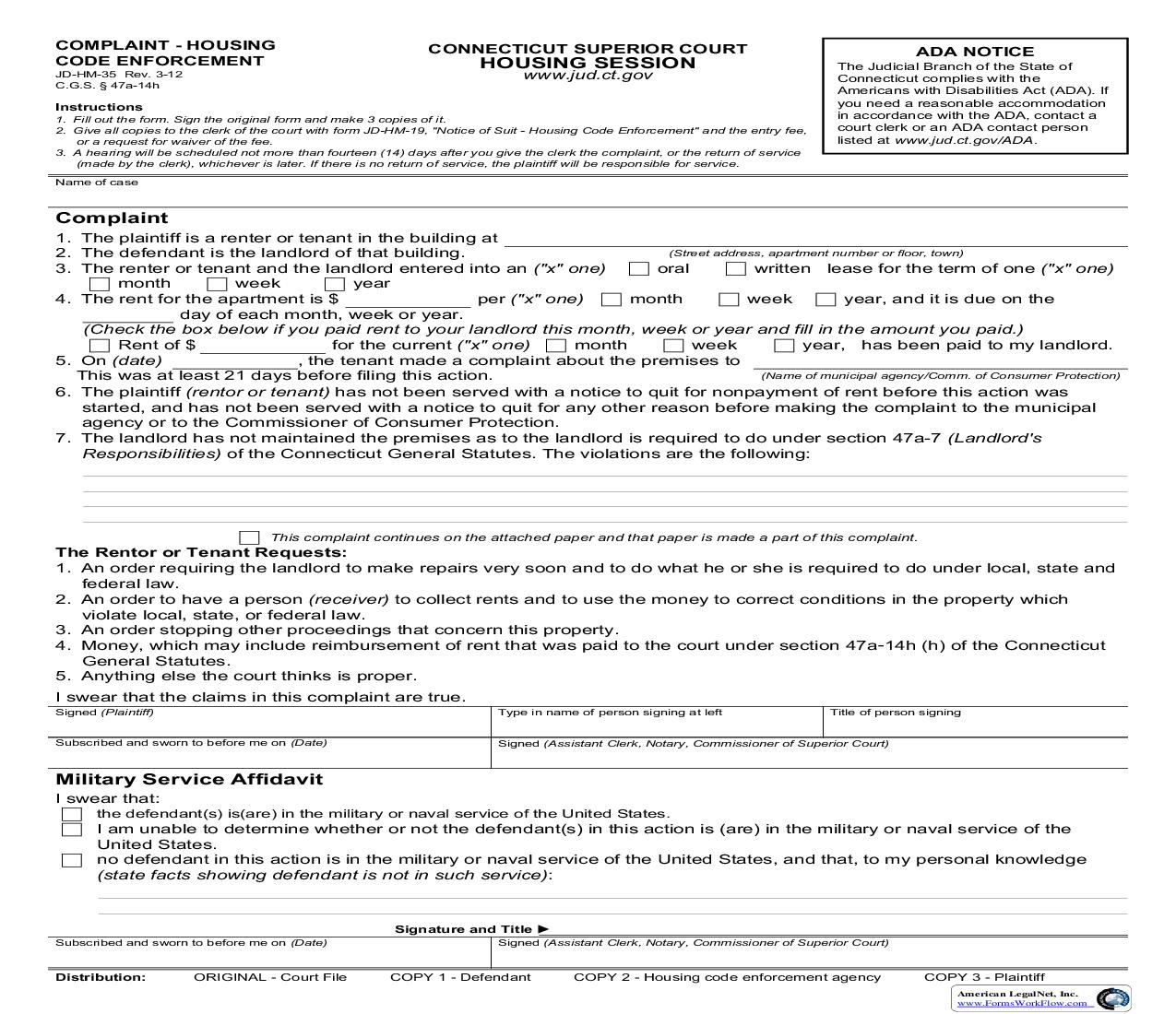 Complaint - Housing Code Enforcement {JD-HM-35} | Pdf Fpdf Doc Docx | Connecticut