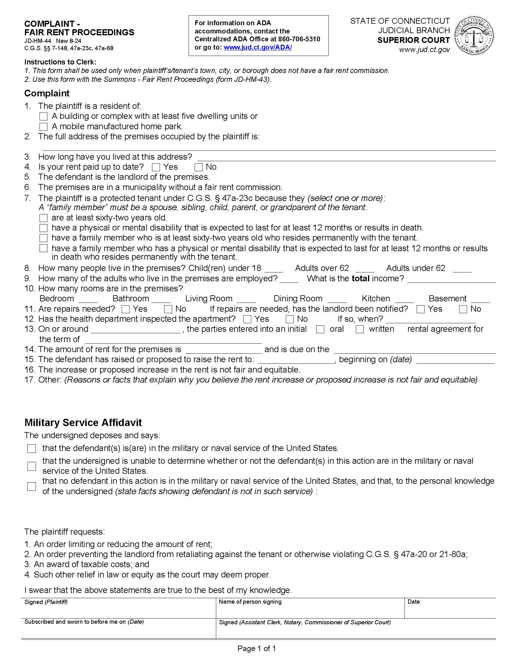 Complaint Fair Rent Proceedings {JD-HM-44} | Pdf Fpdf Docx | Connecticut