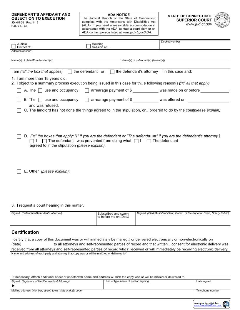 Defendants Affidavit And Objection To Execution {JD-HM-26} | Pdf Fpdf Docx | Connecticut