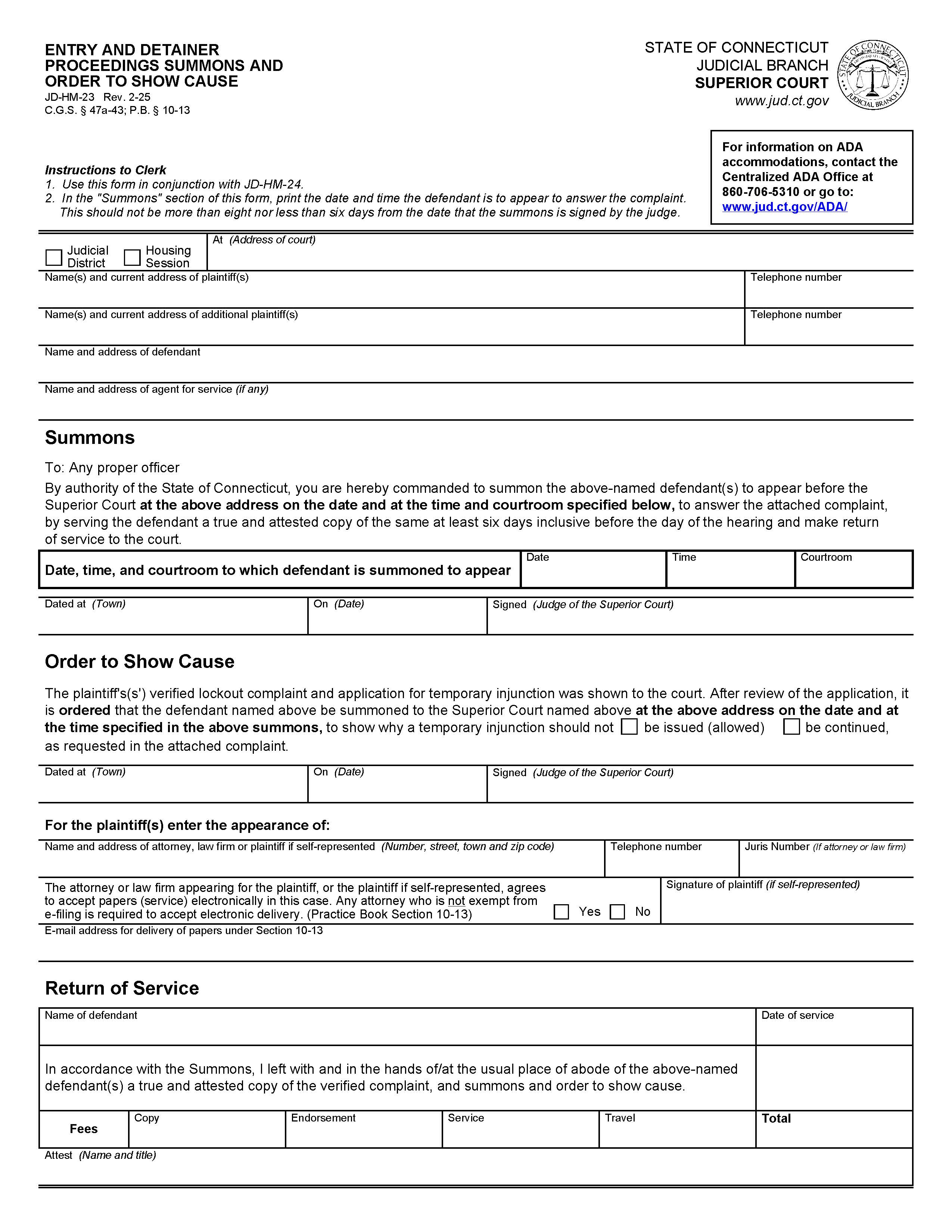 Entry And Detainer Proceedings Summons And Order To Show Cause {JD-HM-23} | Pdf Fpdf Docx | Connecticut