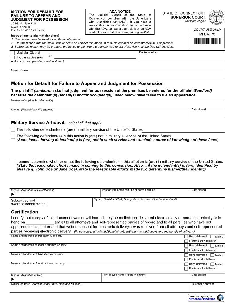 Motion For Default For Failure To Appear And Judgment For Possession {JD-HM-9} | Pdf Fpdf Doc Docx | Connecticut