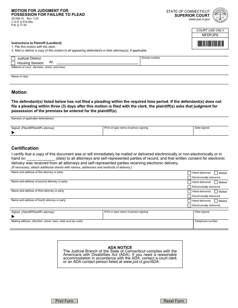 Motion For Default For Failure To Plead And Judgment For Possession {JD-HM-10} | Pdf Fpdf Docx | Connecticut