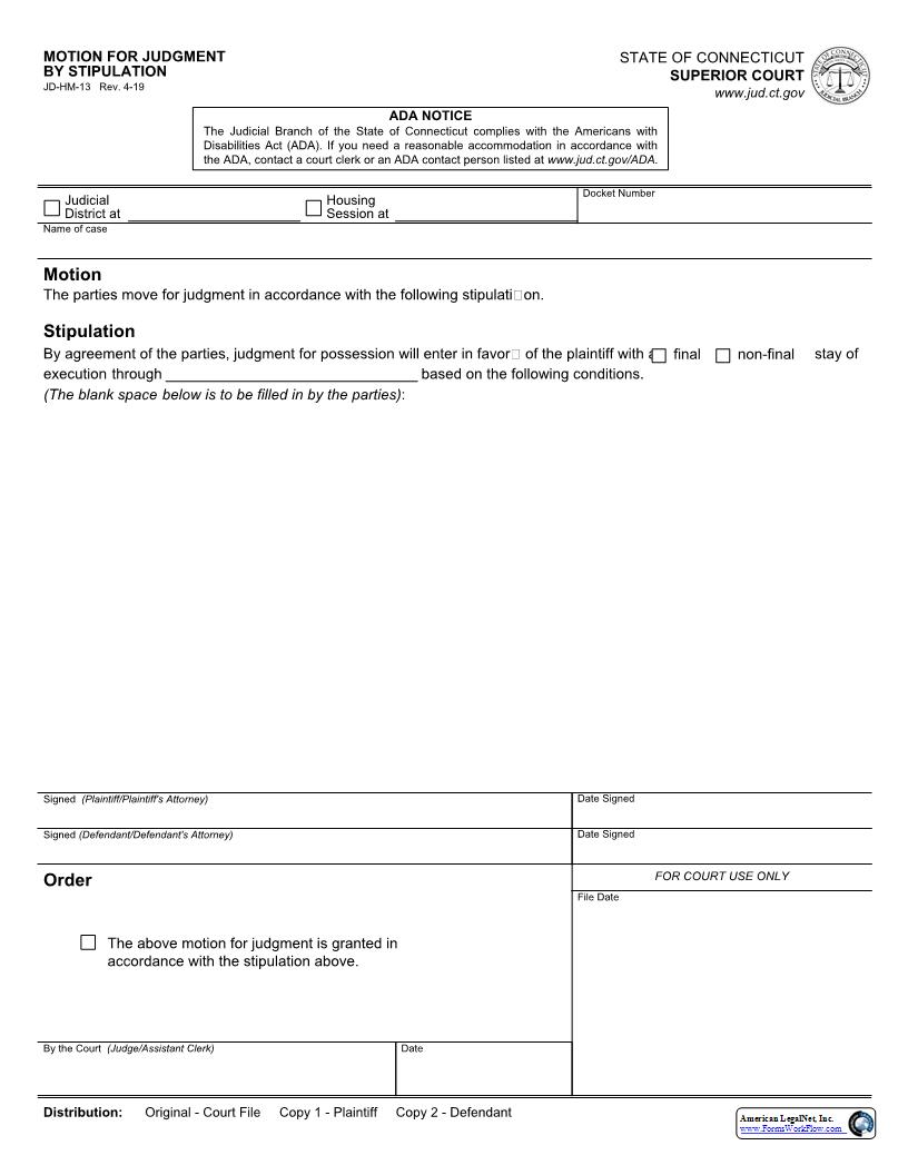 Motion For Judgment By Stipulation {JD-HM-13} | Pdf Fpdf Docx | Connecticut