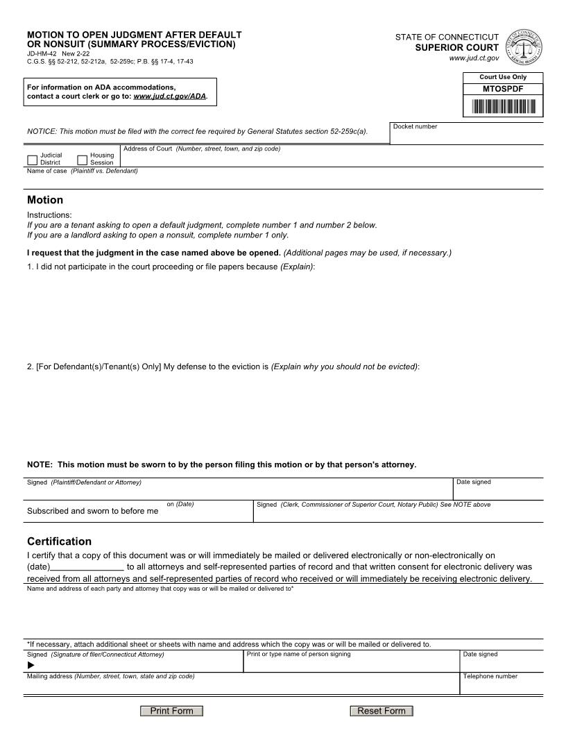 Motion To Open Judgment After Default Or Nonsuit {{JD-HM-42} | Pdf Fpdf Docx | Connecticut