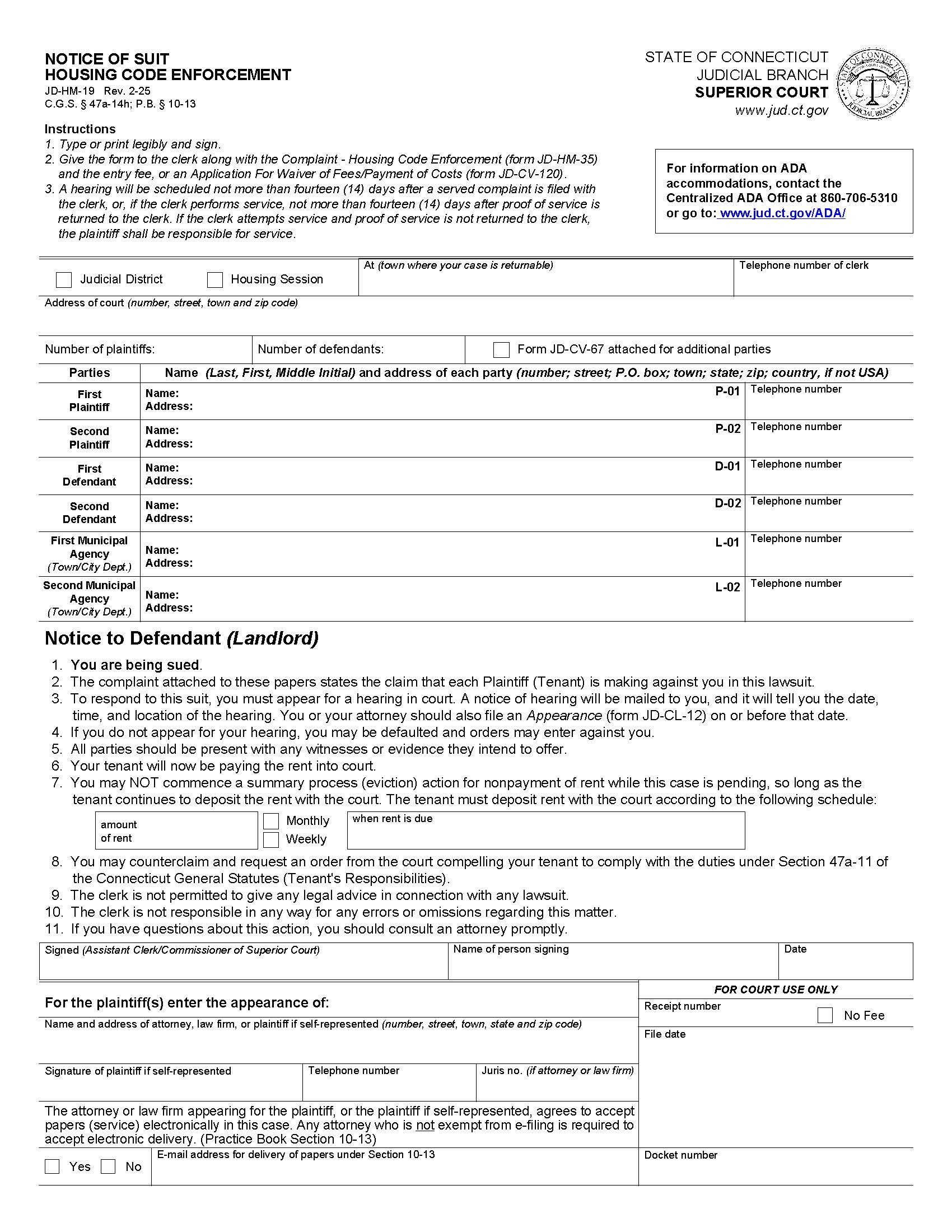 Notice Of Suit Housing Code Enforcement {JD-HM-19} | Pdf Fpdf Docx | Connecticut