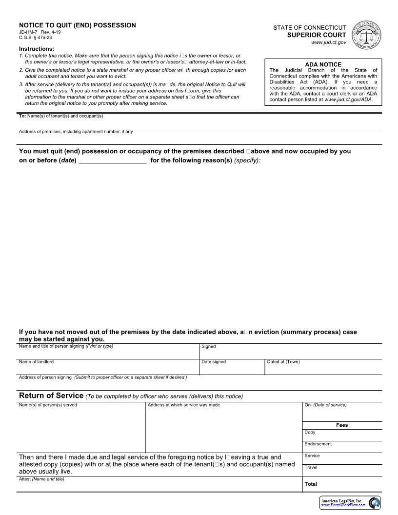 Notice To Quit Possession {JD-HM-7} | Pdf Fpdf Docx | Connecticut