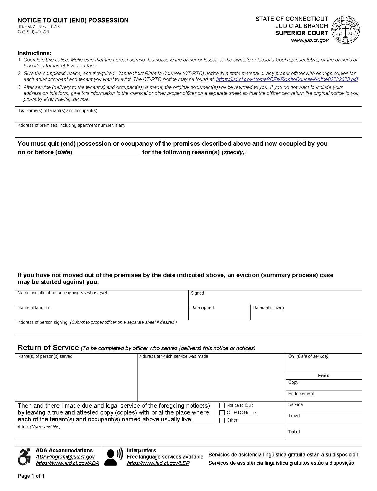 Notice To Quit Possession {JD-HM-7} | Pdf Fpdf Docx | Connecticut