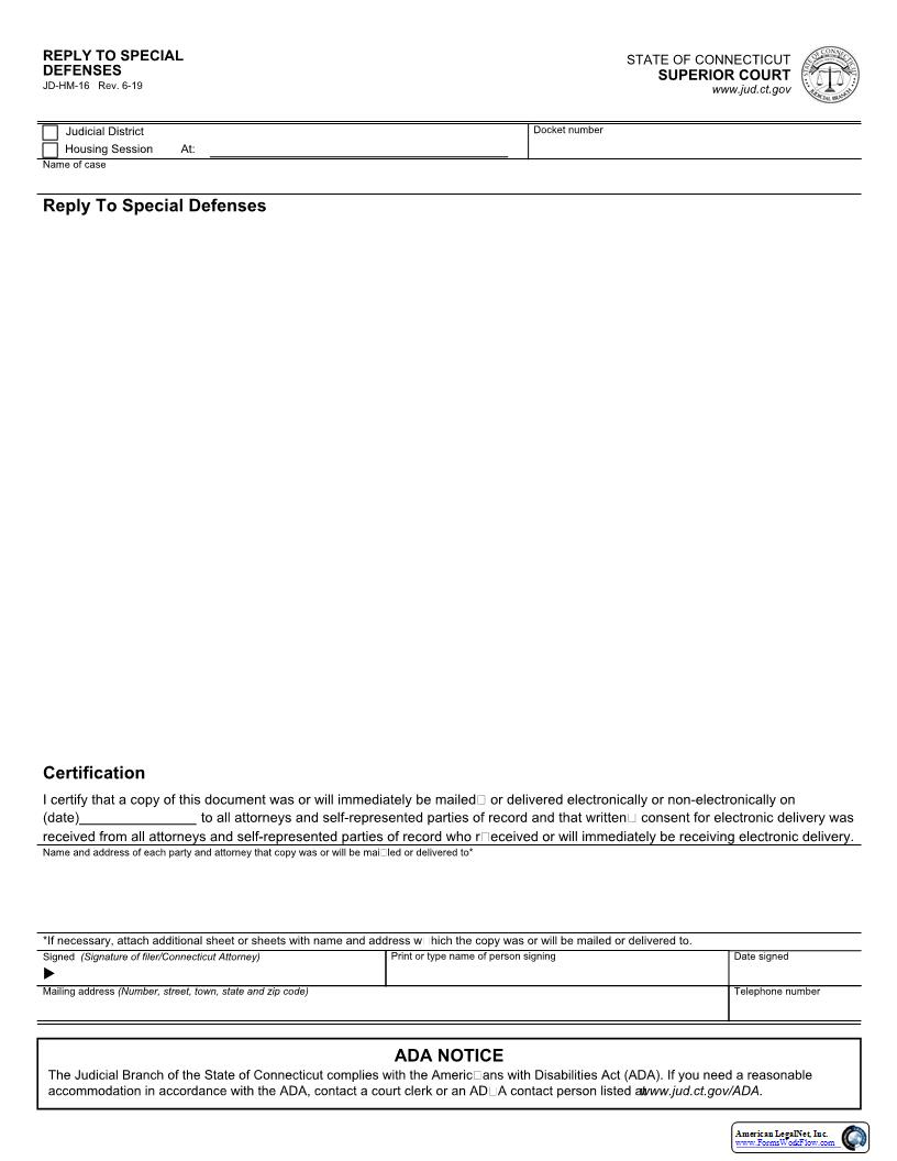 Reply To Special Defenses {JD-HM-16} | Pdf Fpdf Docx | Connecticut