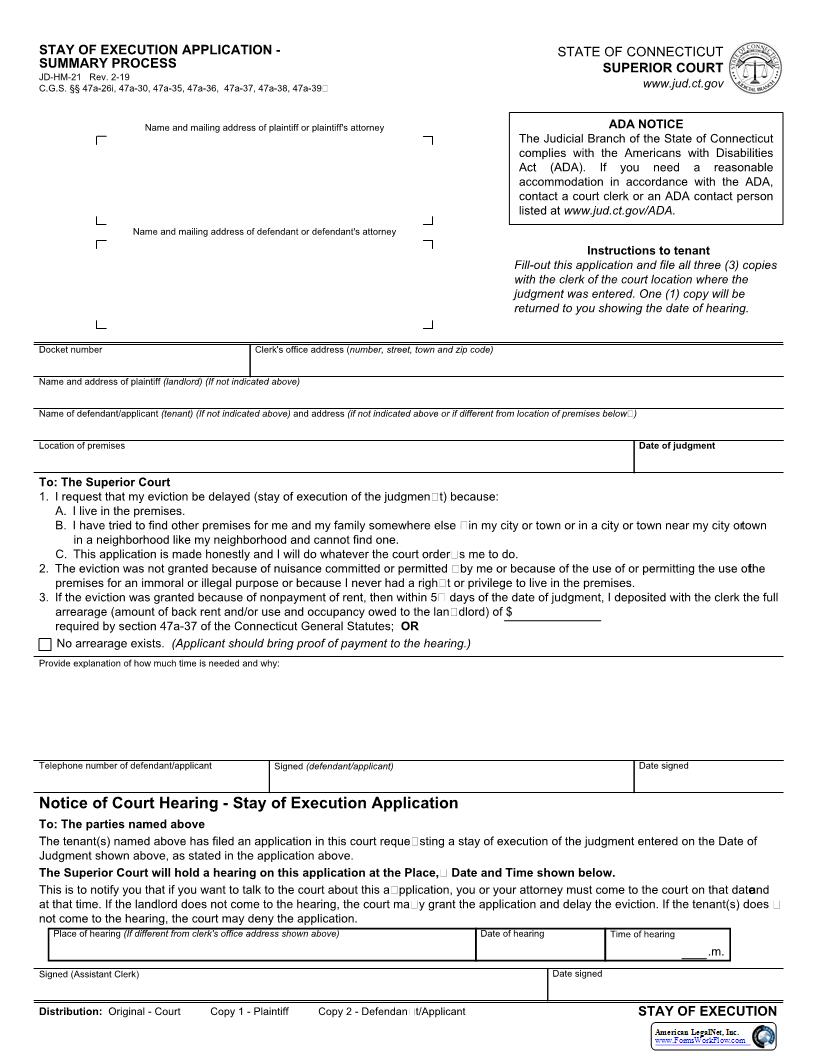 Stay Of Execution Application Summary Process {JD-HM-21} | Pdf Fpdf Docx | Connecticut