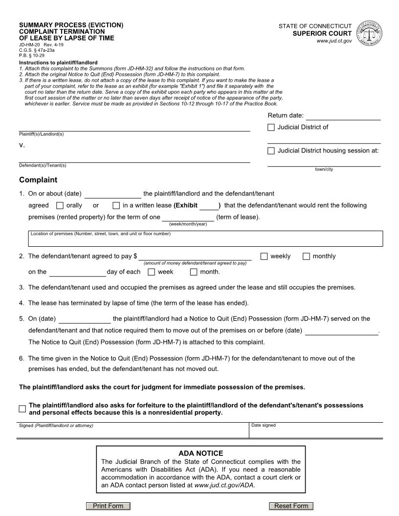 Summary Process (Eviction) Complaint Termination Of Lease By Lapse Of Time {JD-HM-20} | Pdf Fpdf Doc Docx | Connecticut