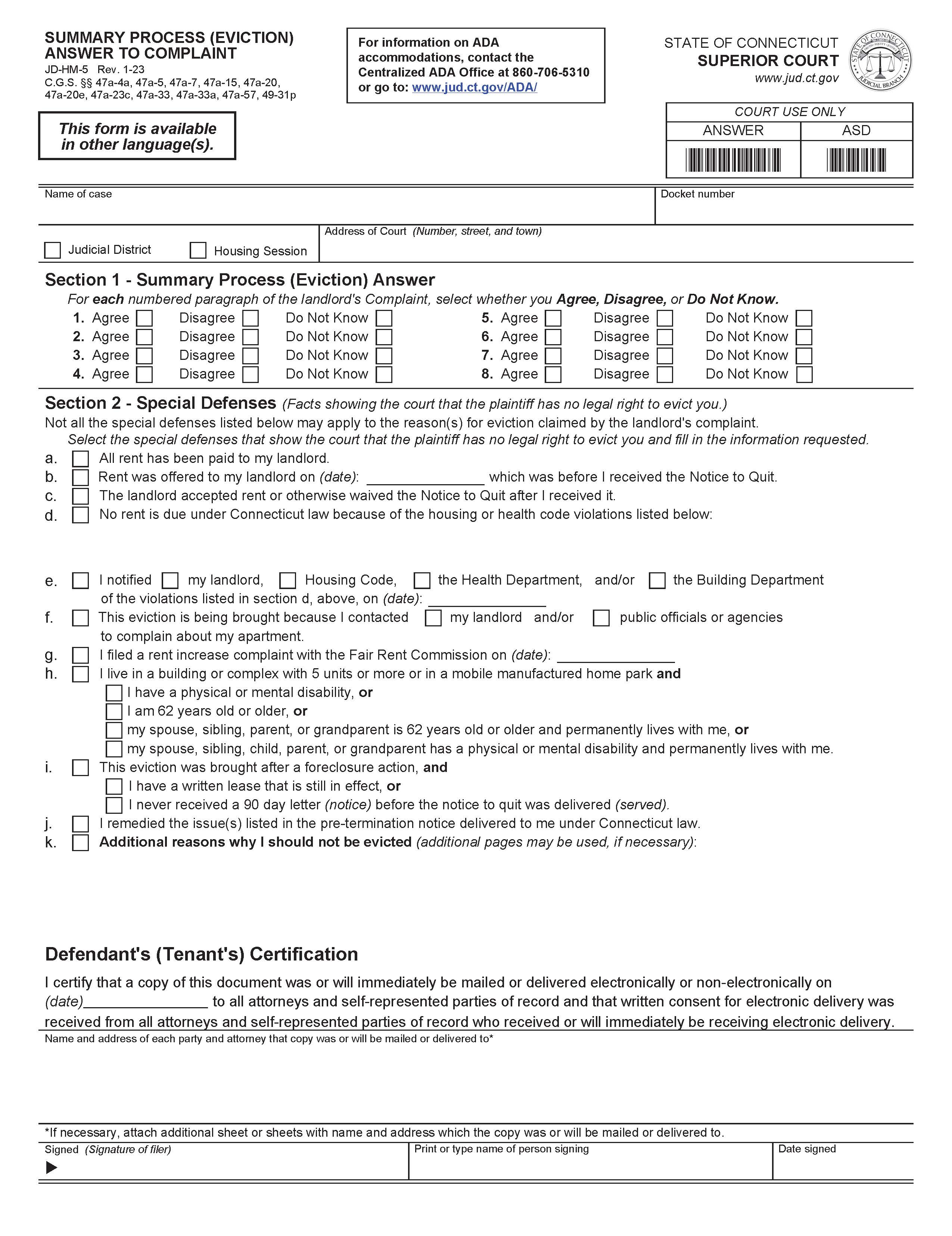 Summary Process Eviction Answer To Complaint {JD-HM-5} | Pdf Fpdf Doc Docx | Connecticut