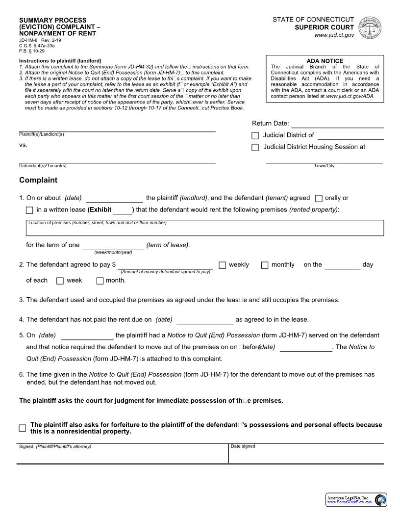 Summary Process Eviction Complaint Nonpayment Of Rent {JD-HM-8} | Pdf Fpdf Docx | Connecticut