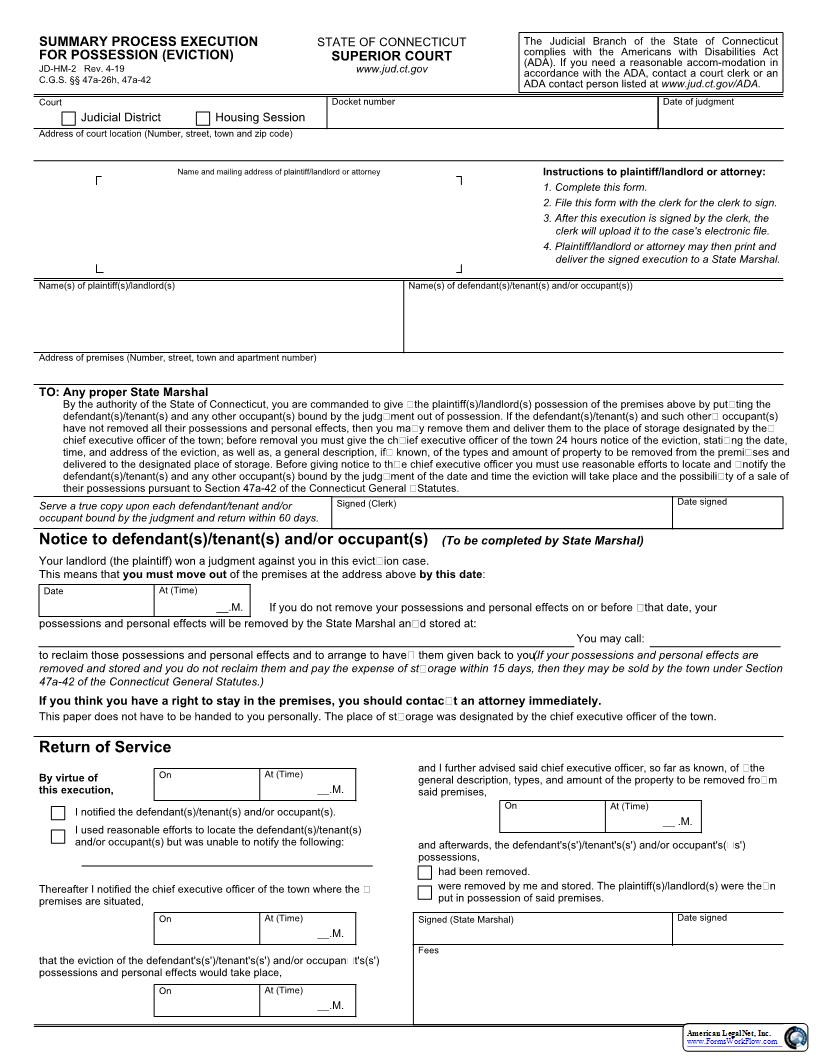 Summary Process Execution For Possession (Eviction) {JD-HM-2} | Pdf Fpdf Doc Docx | Connecticut