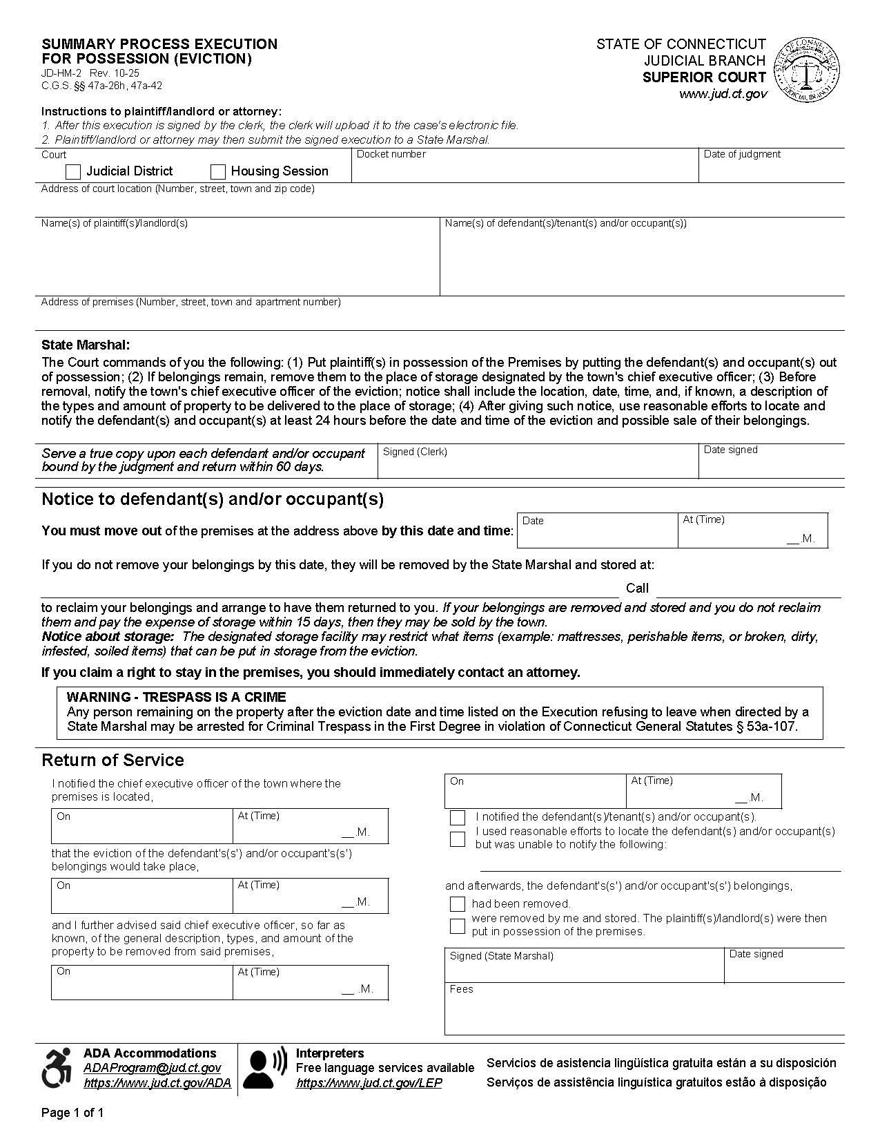 Summary Process Execution For Possession (Eviction) {JD-HM-2} | Pdf Fpdf Doc Docx | Connecticut