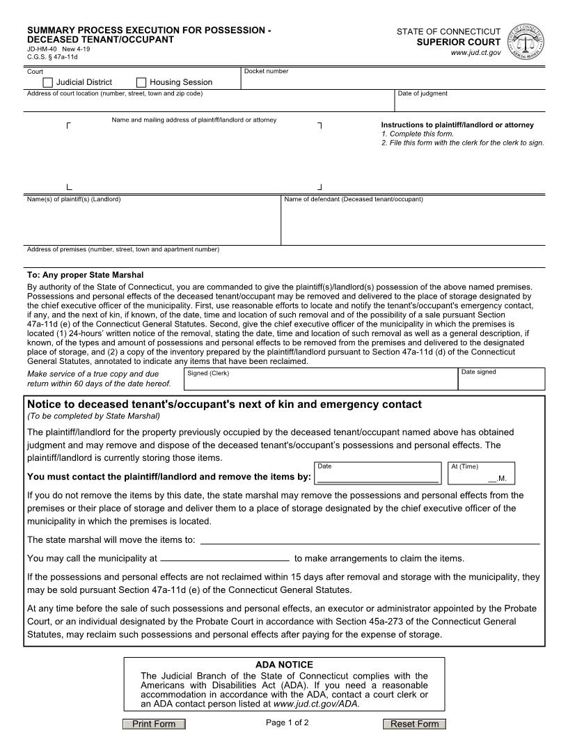 Summary Process Execution For Possession Deceased Tenant {JD-HM-40} | Pdf Fpdf Docx | Connecticut