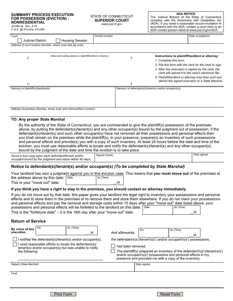 Summary Process Execution For Possession Eviction Nonresidential {JD-HM-34} | Pdf Fpdf Doc Docx | Connecticut