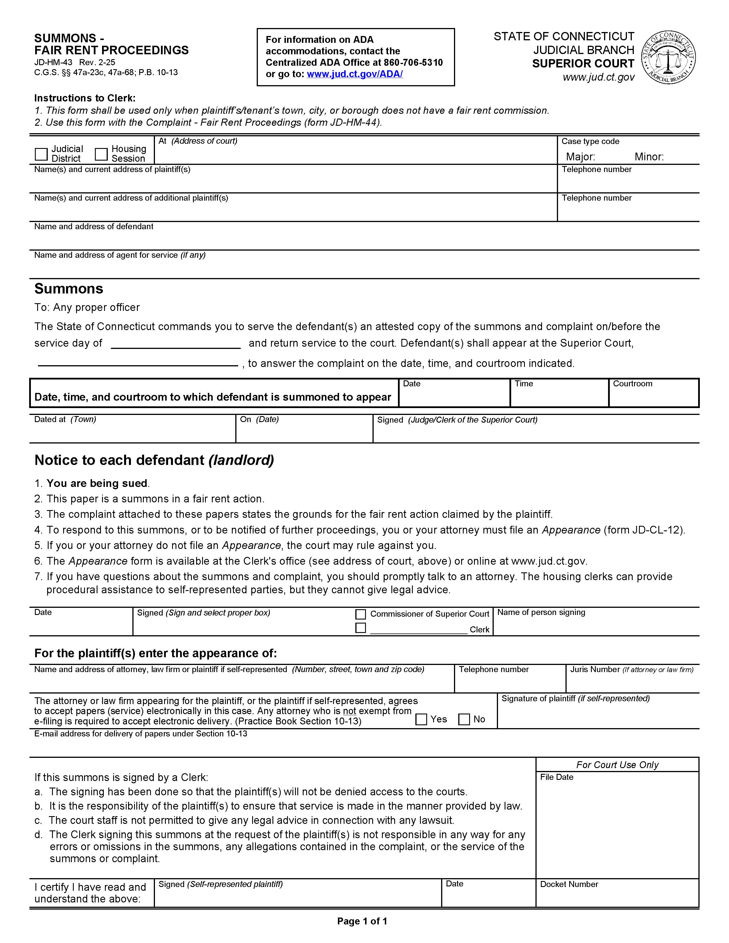 Summons Fair Rent Proceedings {JD-HM-43} | Pdf Fpdf Docx | Connecticut
