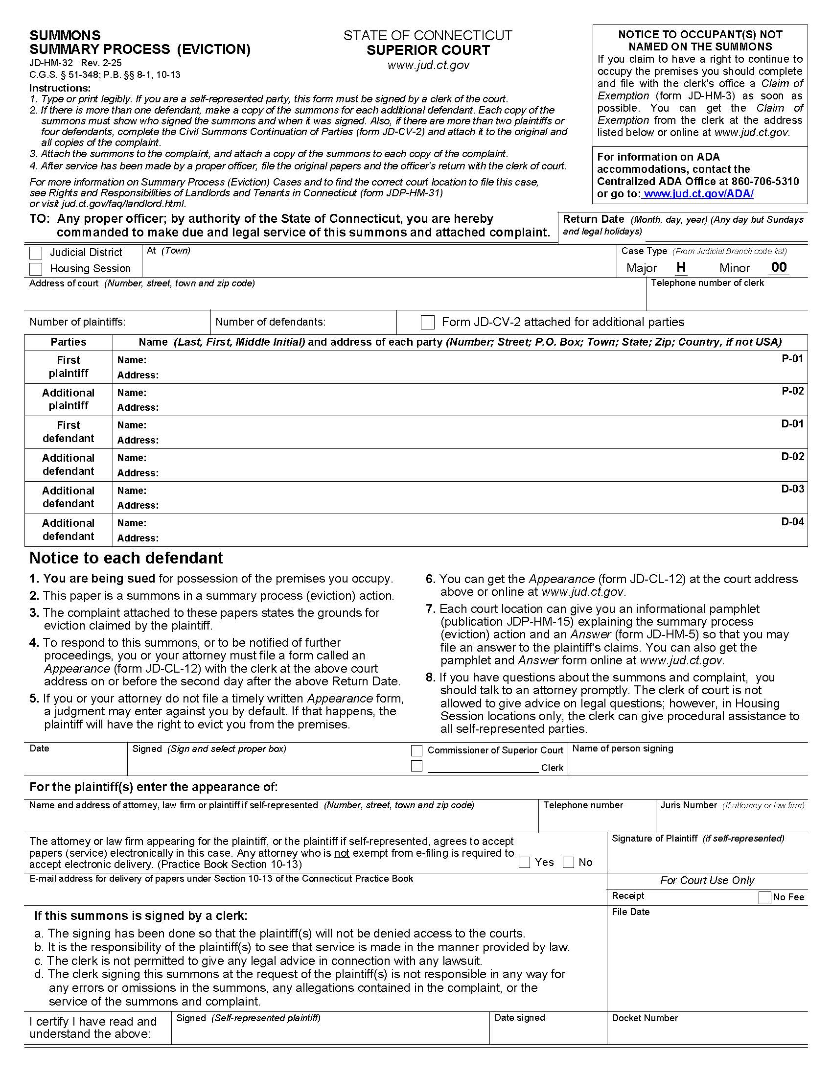 Summons Summary Process Eviction {JD-HM-32} | Pdf Fpdf Doc Docx | Connecticut