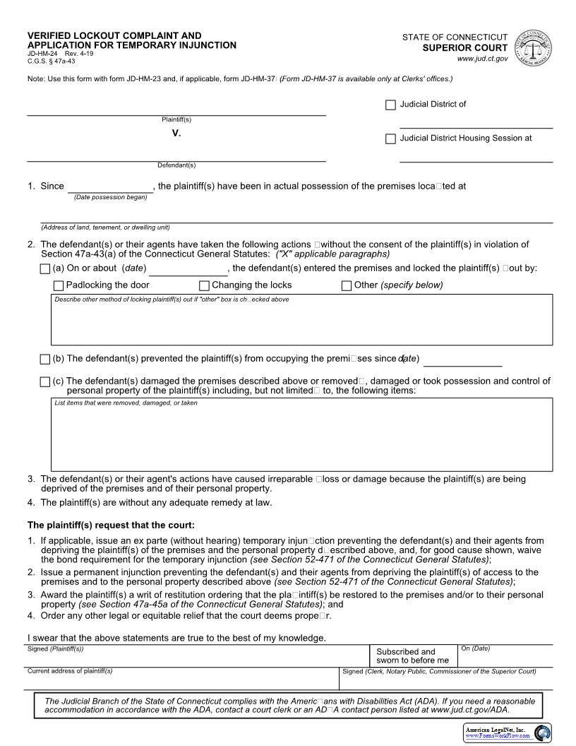 Verified Lockout Complaint And Application For Temporary Injunction {JD-HM-24} | Pdf Fpdf Doc Docx | Connecticut