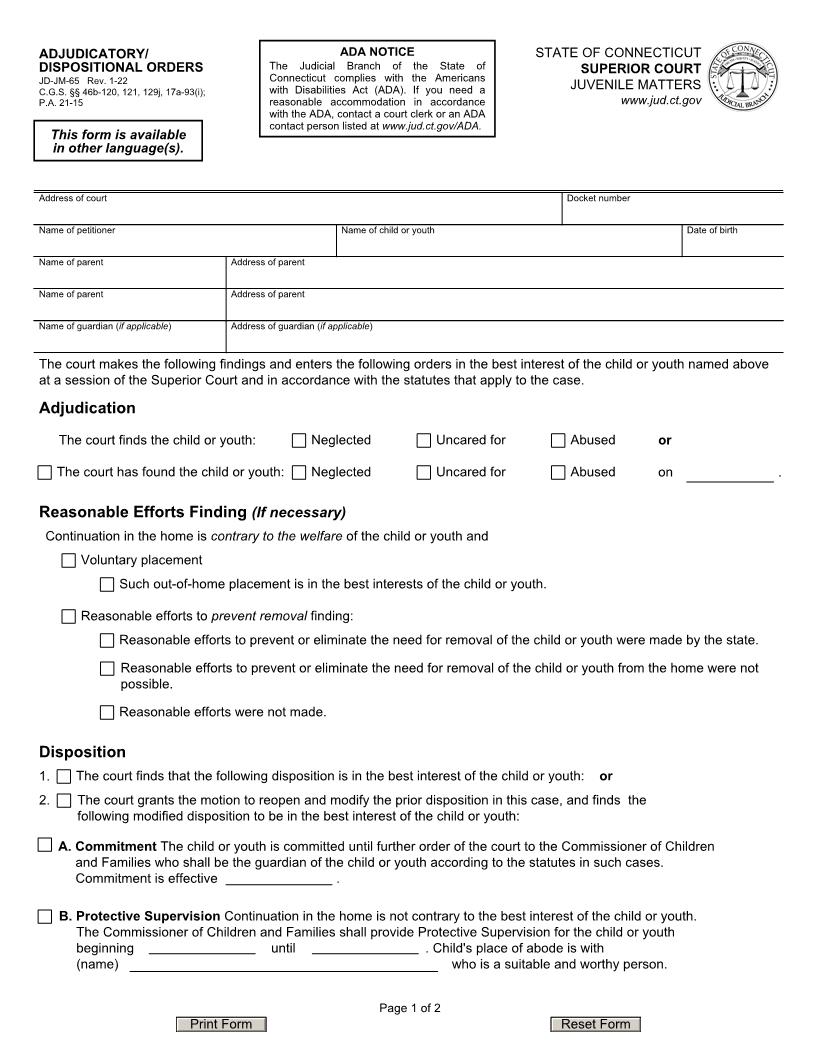 Adjudicatory Or Dispositional Orders {JD-JM-65} | Pdf Fpdf Doc Docx | Connecticut