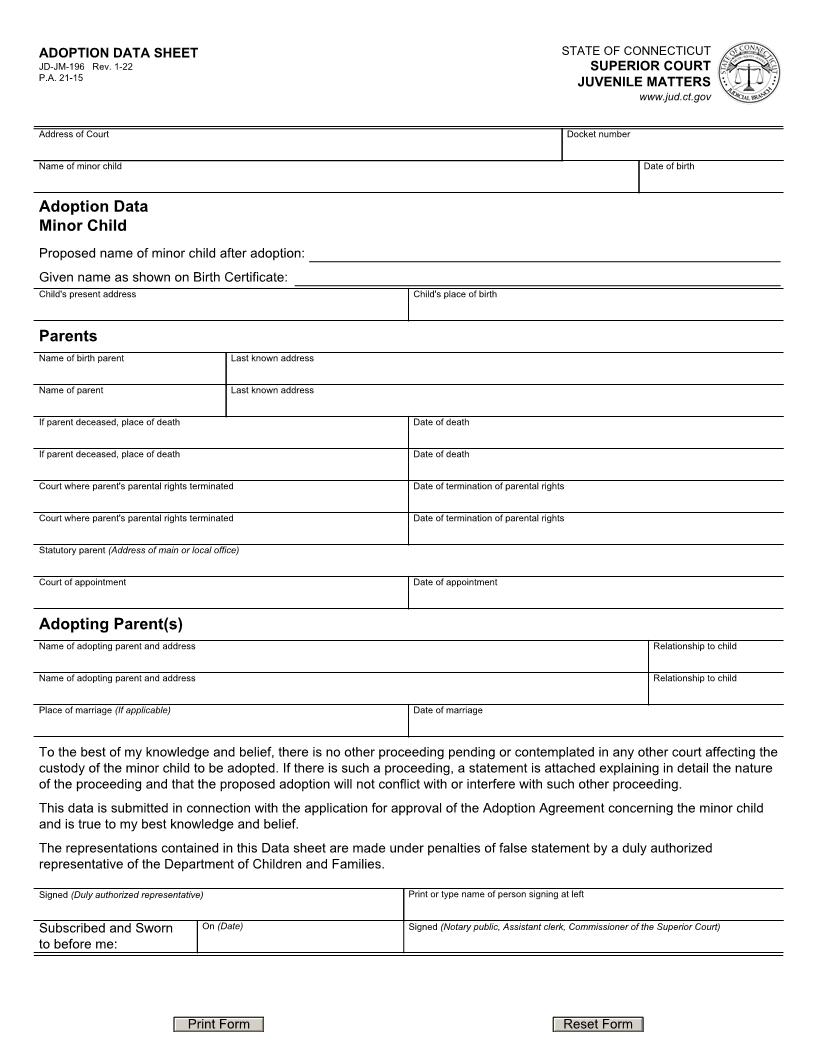 Adoption Data Sheet {JD-JM-196} | Pdf Fpdf Doc Docx | Connecticut