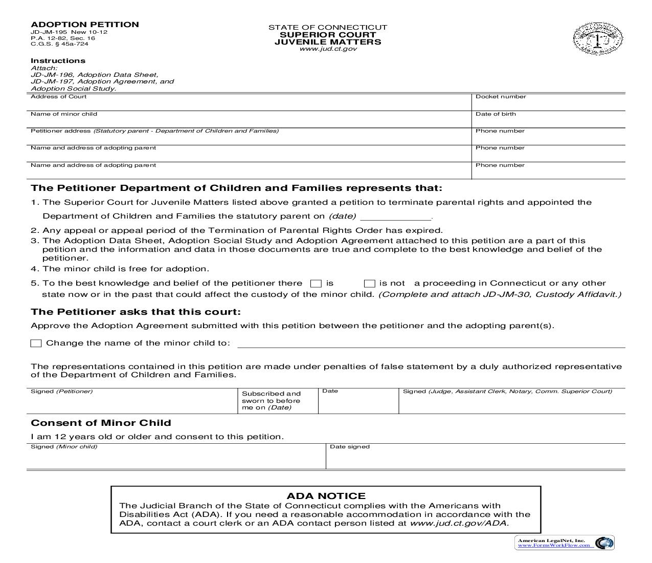 Adoption Petition {JD-JM-195} | Pdf Fpdf Doc Docx | Connecticut