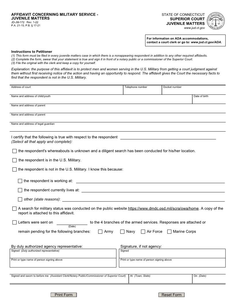 Affidavit Concerning Military Service {JD-JM-172} | Pdf Fpdf Doc Docx | Connecticut