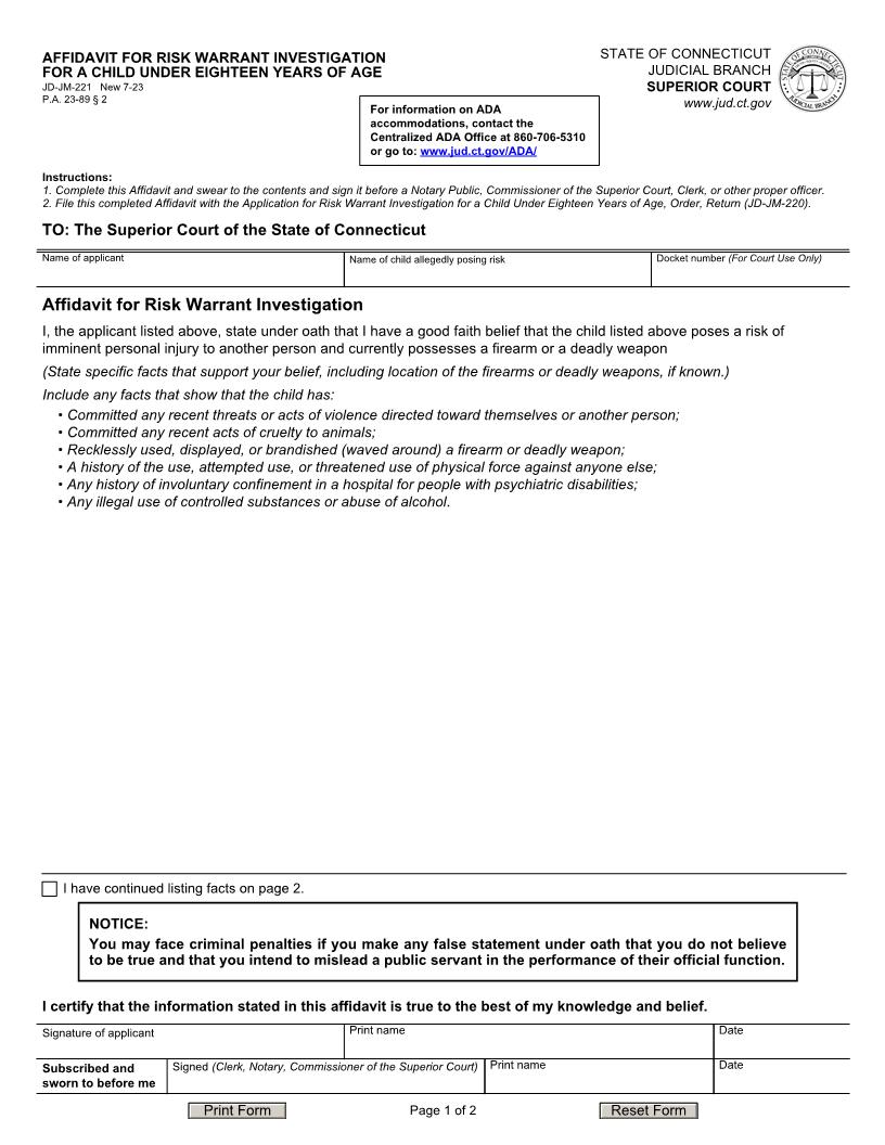 Affidavit For Risk Warrant Investigation For Child Under Eighteen {JD-JM-221} | Pdf Fpdf Docx | Connecticut