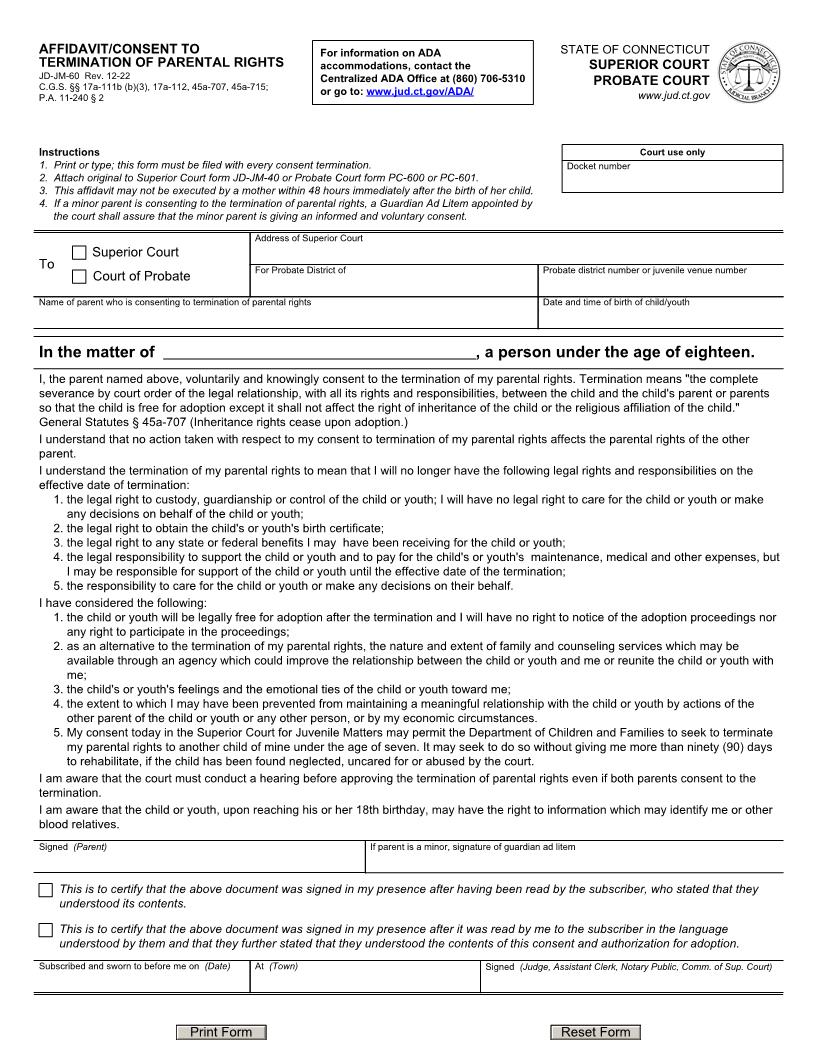 Affidavit Or Consent To Termination Of Parental Rights {JD-JM-60} | Pdf Fpdf Doc Docx | Connecticut