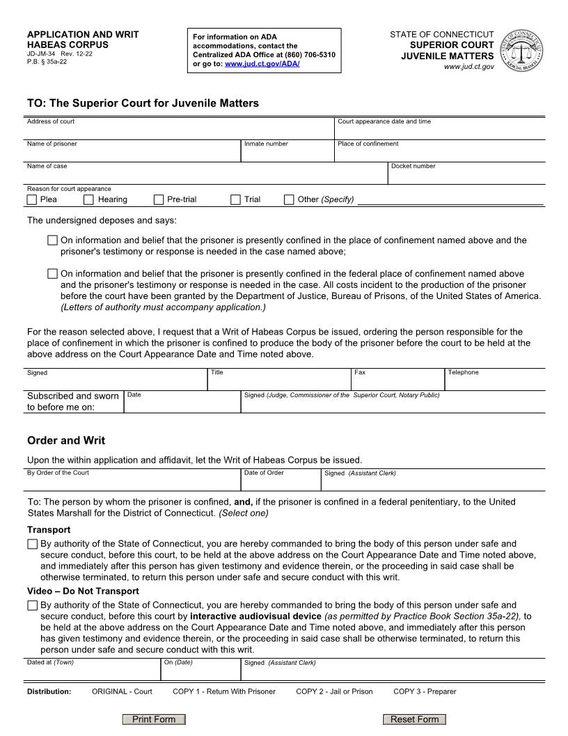 Application And Writ-Habeas Corpus {JD-JM-34} | Pdf Fpdf Doc Docx | Connecticut