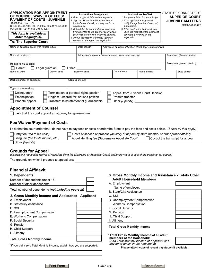 Application For Appointment Of Counsel And Waiver Of Fees {JD-JM-114} | Pdf Fpdf Docx | Connecticut