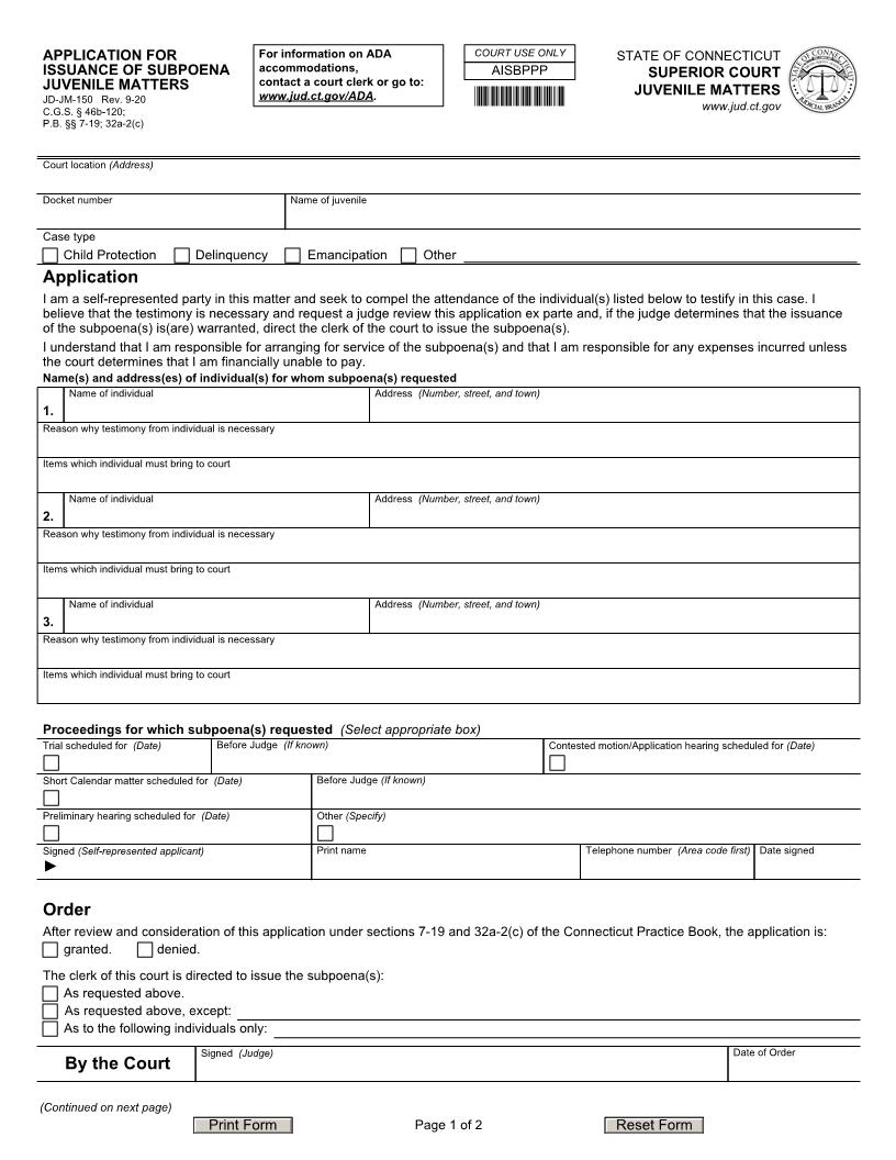Application For Issuance Of Subpoena Juvenile Matters {JD-JM-150} | Pdf Fpdf Doc Docx | Connecticut