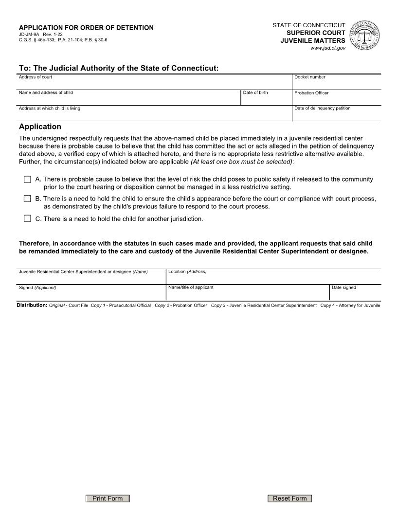 Application For Order Of Detention {JD-JM-9A} | Pdf Fpdf Docx | Connecticut
