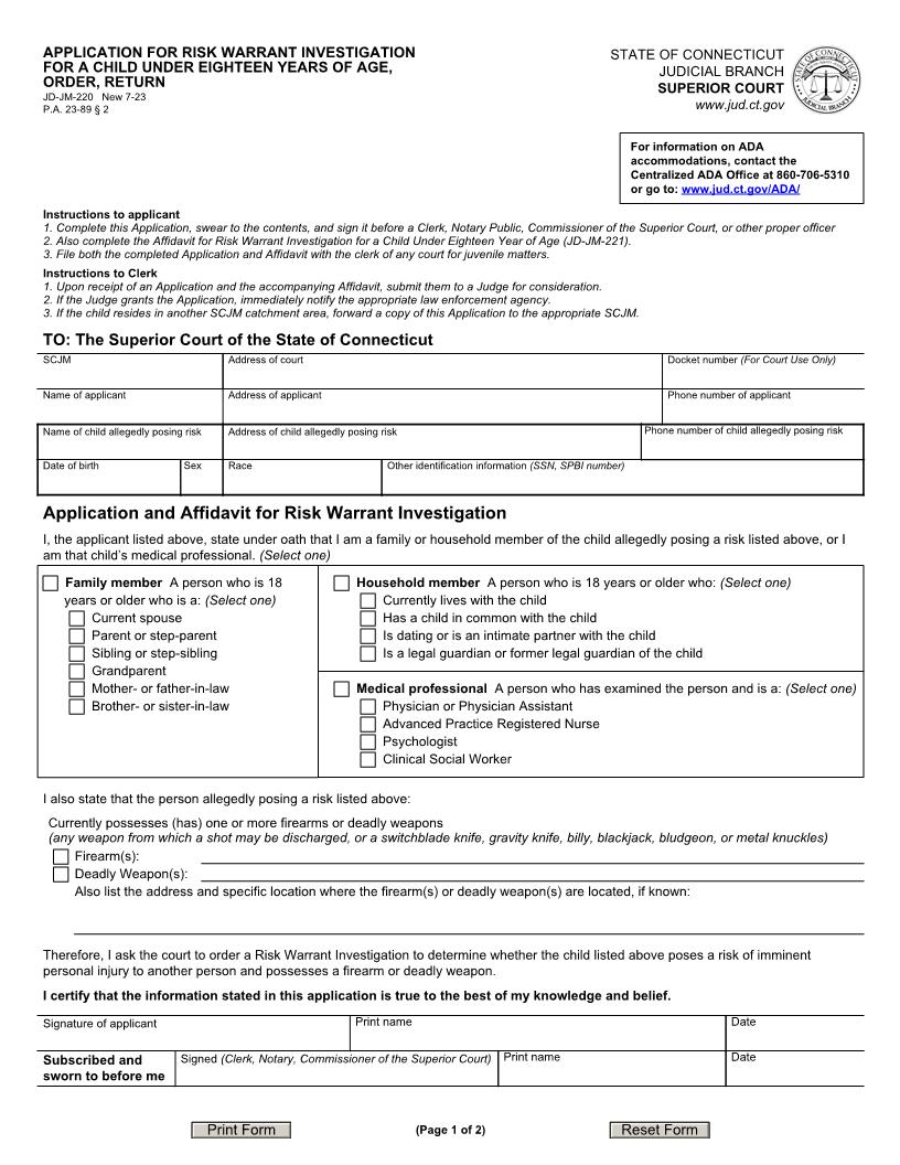 Application For Risk Warrant Investigation For Child Under Eighteen Order Return {JD-JM-220} | Pdf Fpdf Docx | Connecticut