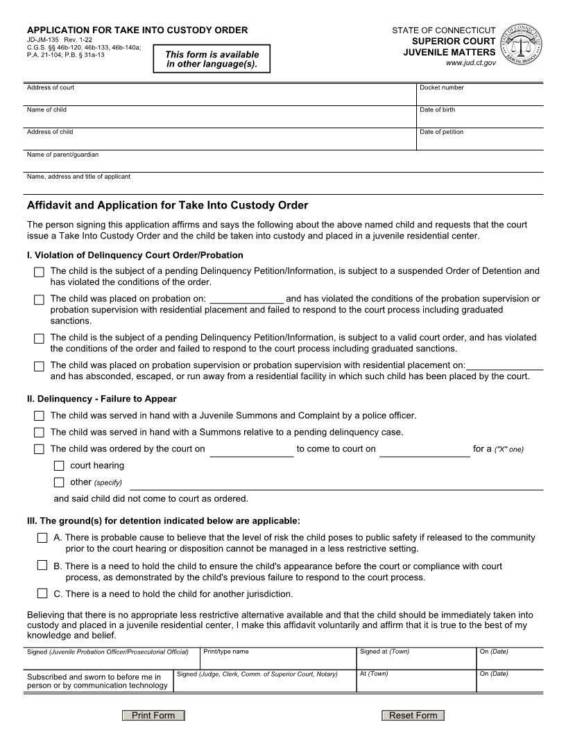 Application For Take Into Custody Order {JD-JM-135} | Pdf Fpdf Docx | Connecticut