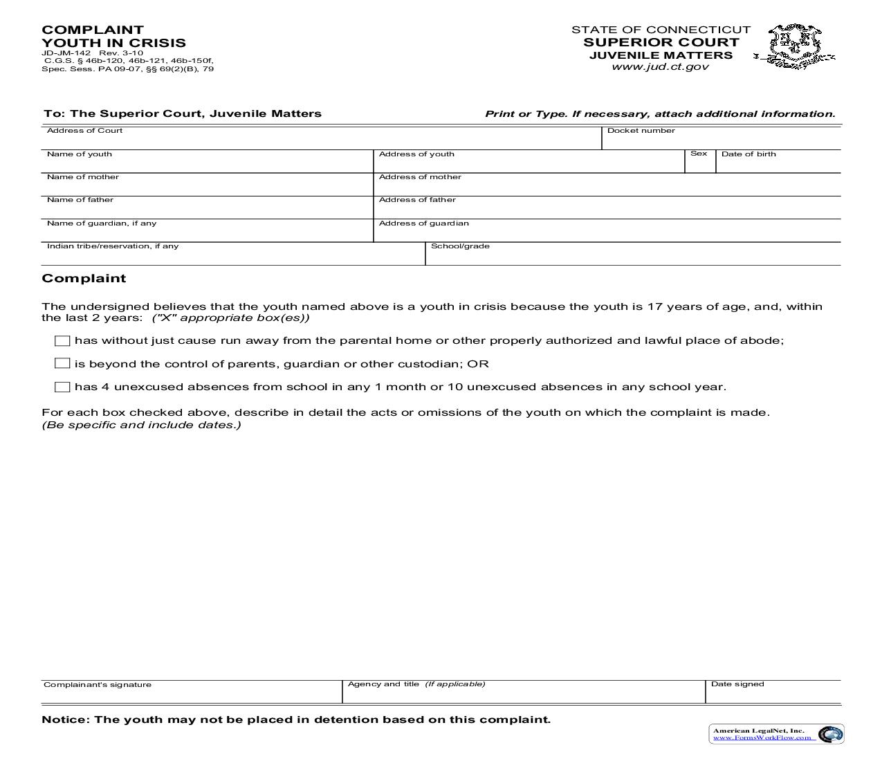 Complaint - Youth In Crisis {JD-JM-142} | Pdf Fpdf Doc Docx | Connecticut